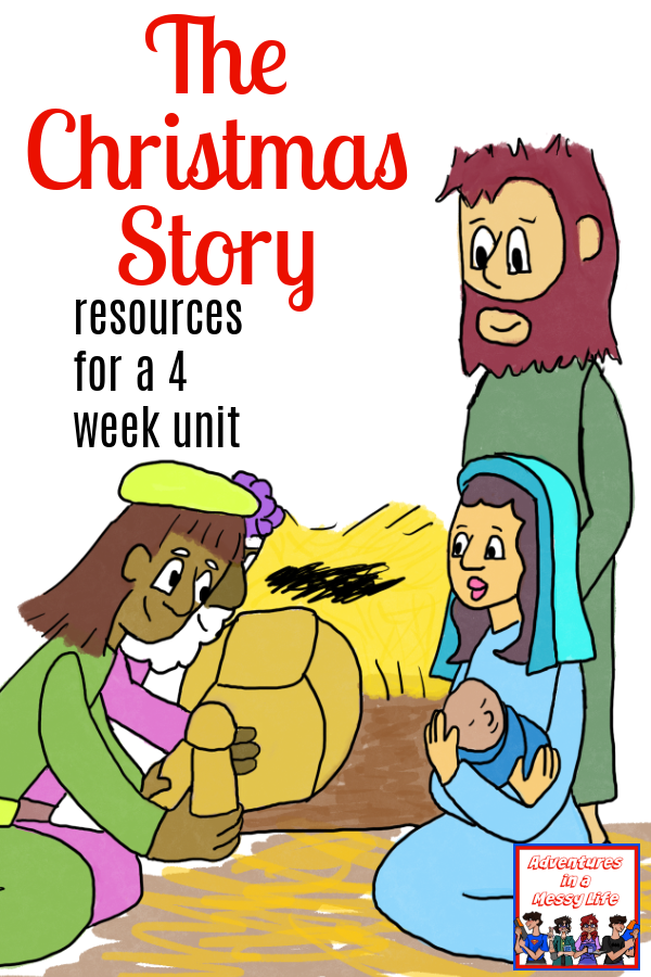Text: Christmas Story 4 week unit for Bible lessons Sunday School or more. image of nativity scene