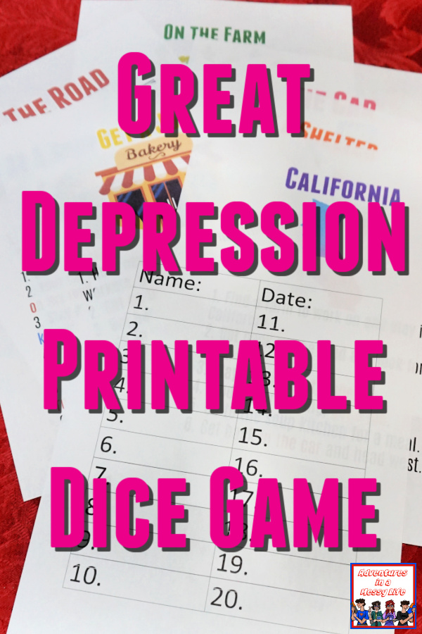 Great Depression printable dice game for US history