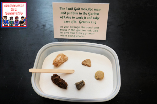 days of creation prayer station 5 sand plastic container rocks popsicle stick