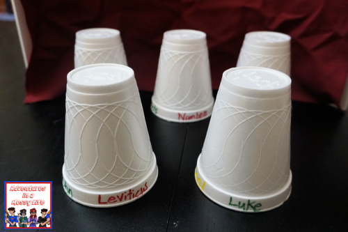 take apart the books of the Bible game using cups