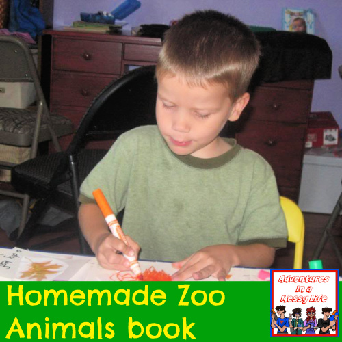 working on homemade zoo animals book preschool science